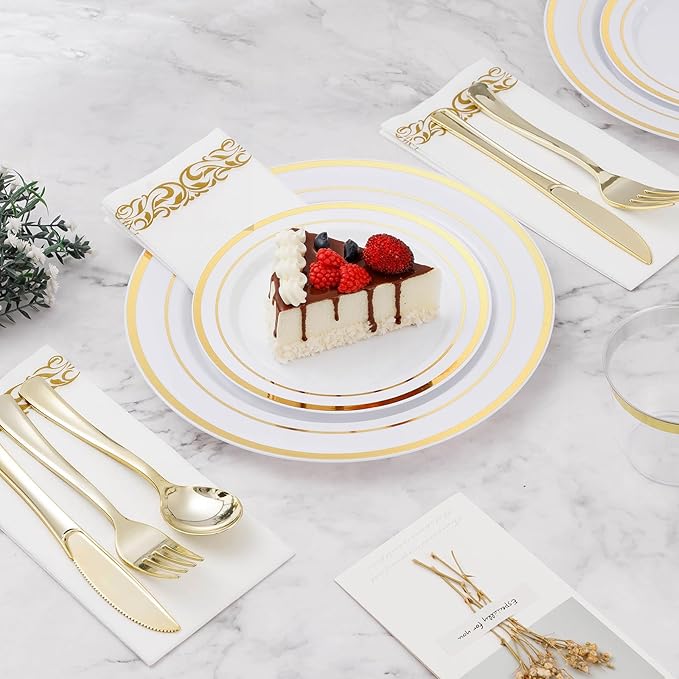 BESTVIP 175 PCS Gold Dinnerware Set for 25 Guests, Plastic Dinnerware Set for Party, Wedding, Christmas, Halloween, Include: 50 Plastic Plates, 25 Gold Silverware, 25 Cups, 25 Paper Napkins