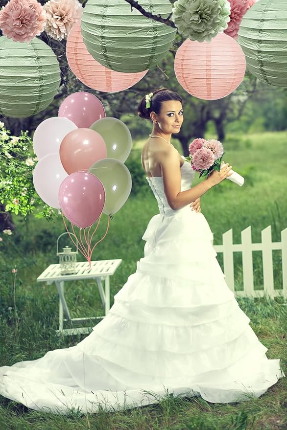 Bachelorette Decorations Pink Green- Bridal Shower Party Decor and Supplies Kit for Wedding With Foil Balloons Table Confetti Scatters Hanging Paper Lantern Tissue Flowers (Sage Green + Rose Pink)