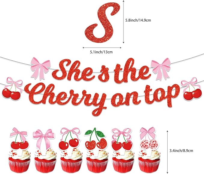 143PCS Cherry Birthday Party Decorations, She's The Cherry On Top Party Supplies Plates and Napkins Set, Tableware,Banner, Hanging Swirls, Tablecloth, Cake Cupcake Topper, Wedding Bridal Baby Shower