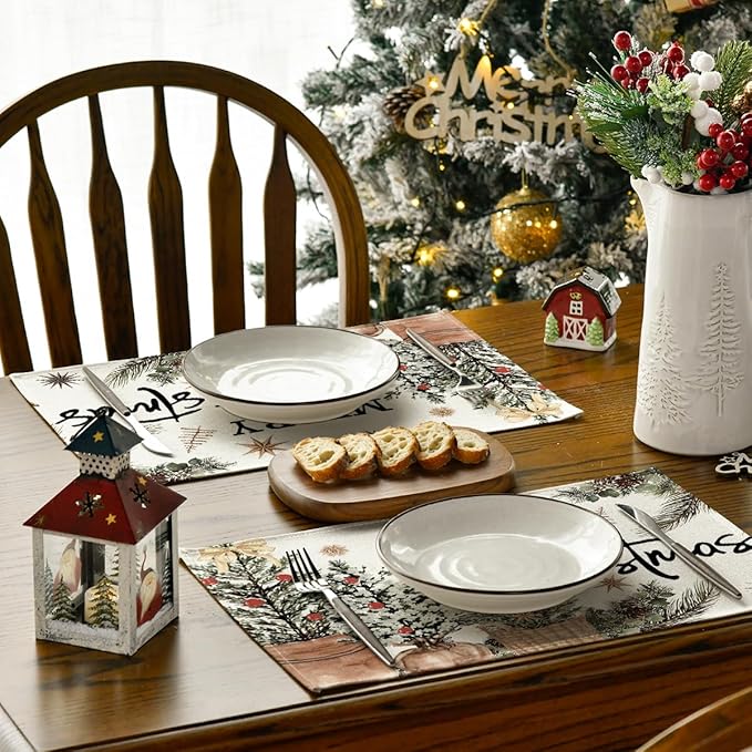 Artoid Mode Xmas Trees Holly Pine Cone Merry Christmas Placemats Set of 8, 12x18 Inch Seasonal Winter Holiday Table Mats for Party Kitchen Dining Decoration