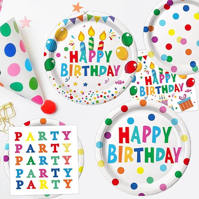 Happy Birthday Decorations - Colorful Dots Birthday Party Supplies Includes Plates, Napkins, Cups, Cutlery, Banner, Hanging Swirl, Tablecloth, Balloons for Kids Boys Girls, Serves 24