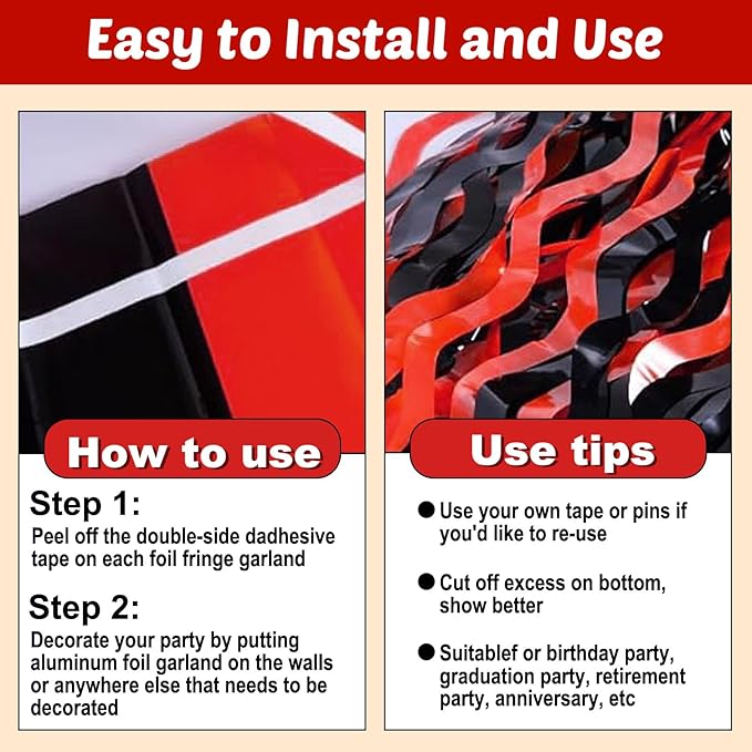 6 Pack 10 Feet Black Red Wave Foil Fringe Garland Metallic Tinsel Streamers Banner Wall Hanging Curtain Backdrop for Parade Floats, Mother's Day, Easter, Wedding, Birthday Party Decoration