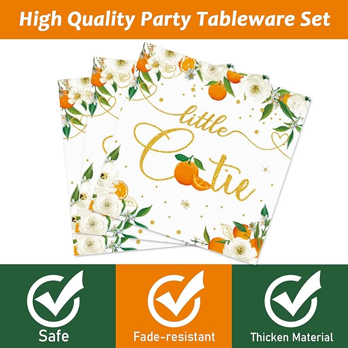 ZOIIWA Little Cutie Baby Shower Decorations Plates And Napkins Orange Tableware Little Cutie Orange Disposable Paper Plates Tangerine For Hey Cutie Birthday Themed Party Decorations Supplies 24Guests