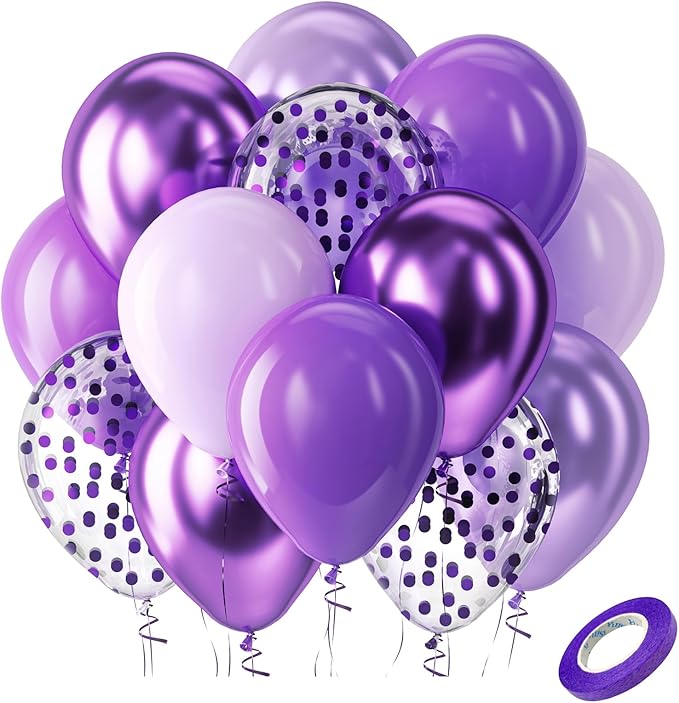 Bezente Purple Latex Balloons Kit, 60pcs 12 inch Dark Purple Metallic Chrome Confetti Lavender Lilac Balloons for Women Birthday Wedding Baby Bridal Shower Halloween Themed Party Decorations