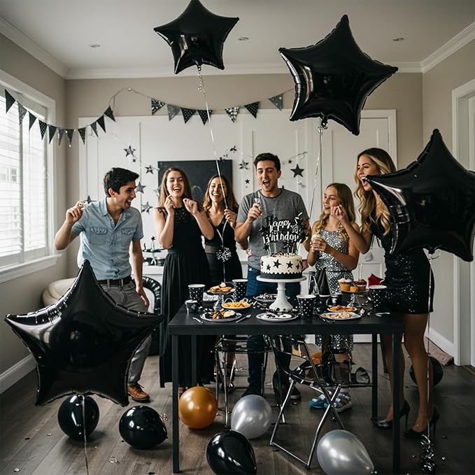 TONIFUL 15Pcs 18 Inch Large Black Star Shape Foil Balloons Big Black Stars Helium Mylar Ballons for Birthday Wedding Baby Shower Anniversary Engagement Party Decorations Supplies