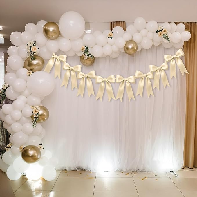 1 String of 8PCS Champange Bow Garland Banner Decoration,Pre-Strung Satin Ribbon Ornaments for Birthday,Bachelorette Party,Bridal Shower,Wedding,Engagement,Baby Shower,Graduation Decor,Anniversary