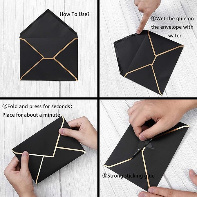 100 Pack A7 Envelopes 5 x 7 Card Envelopes V Flap with Gold Border for Office, Wedding Gift Cards, Invitations, Graduation, Baby Shower, Parties (5.32 x 7.28 Inches, Black)