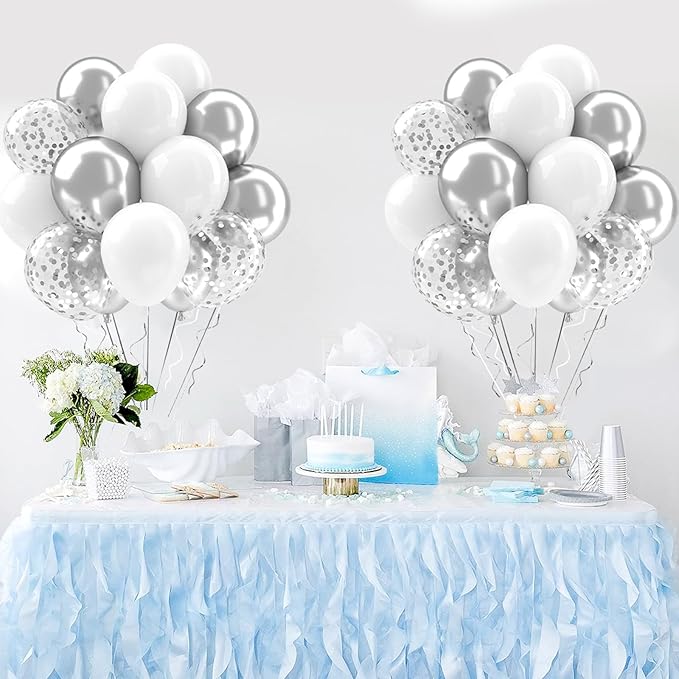 Patimate White and Silver Balloons Set, 50 pcs 12 inch Metallic Silver White Confetti Latex Balloons Kit for Birthday Wedding Anniversary Baby Shower Party Decorations