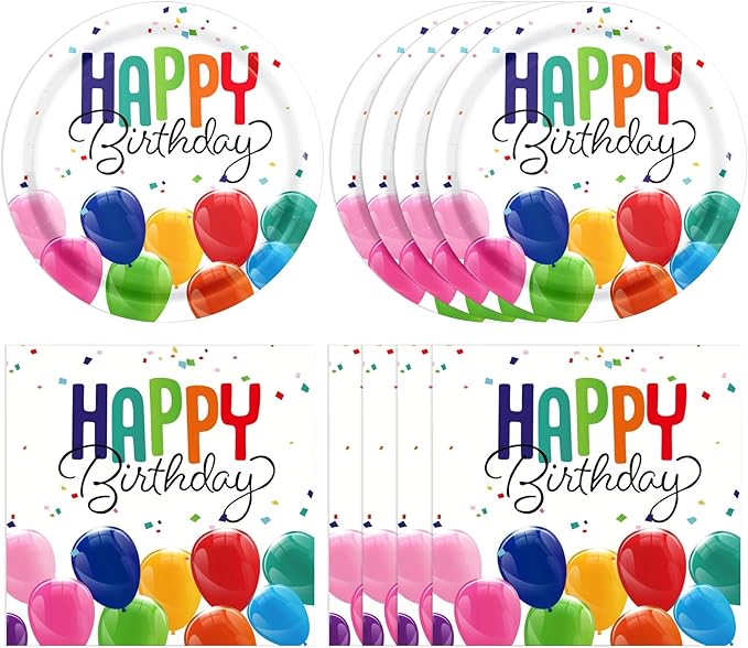 Happy Birthday Decorations Birthday Party Supplies Set with Birthday Balloon Confetti Design Includes Birthday Plates and Napkins Disposable Paper Tableware Set for Boys/Girls Party Supplies