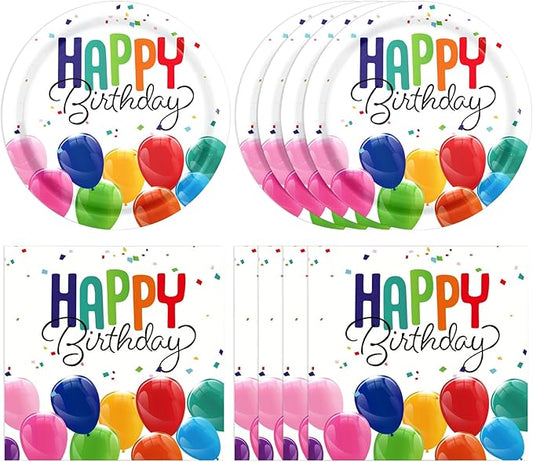 Happy Birthday Decorations Birthday Party Supplies Set with Birthday Balloon Confetti Design Includes Birthday Plates and Napkins Disposable Paper Tableware Set for Boys/Girls Party Supplies