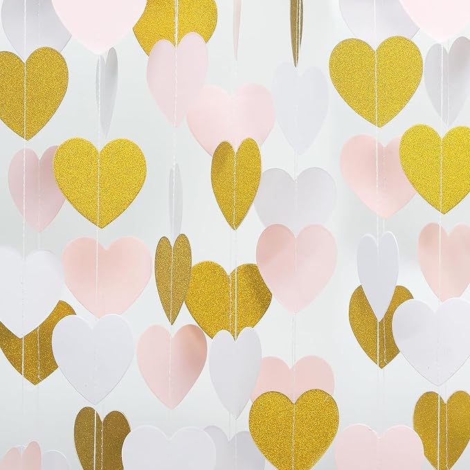 White Gold Pink Party-Decorations - 52Ft Paper Heart Streamers Garland Banner Women Birthday Bridal Shower Wedding Bachelorette Engagement Hanging Decor HongTongTong