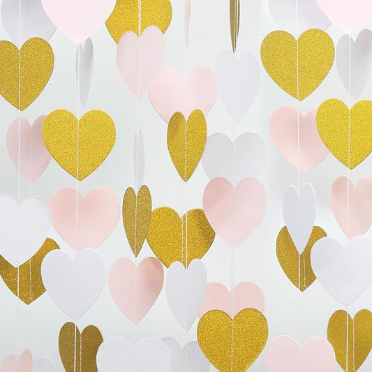 White Gold Pink Party-Decorations - 52Ft Paper Heart Streamers Garland Banner Women Birthday Bridal Shower Wedding Bachelorette Engagement Hanging Decor HongTongTong