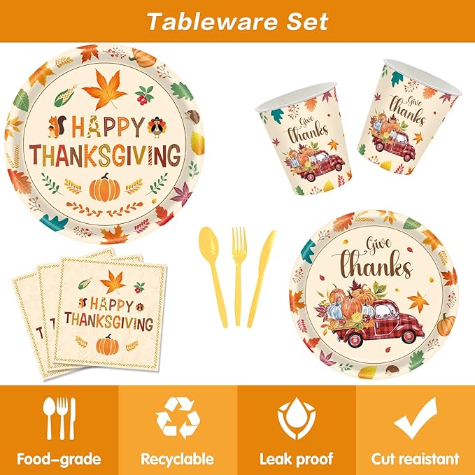 Fall Plates and Napkins Party Supplies, 142pcs Thanksgiving Party Decorations Happy Fall Maple Leaves Tableware Set for Fall Harvest Thanksgiving Birthday Party Decorations