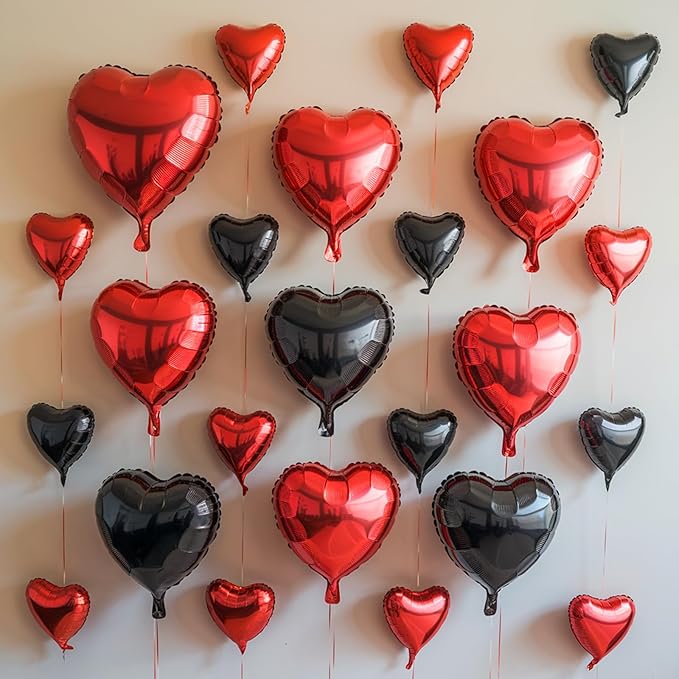 Red Black Heart Balloons, 19PCS Black and Red Heart Shape Balloon, 18Inch with 10Inch Black Red Helium Foil Love Heart Balloon for Birthday Bridal Shower Engagement Wedding Valentine Party Decoration
