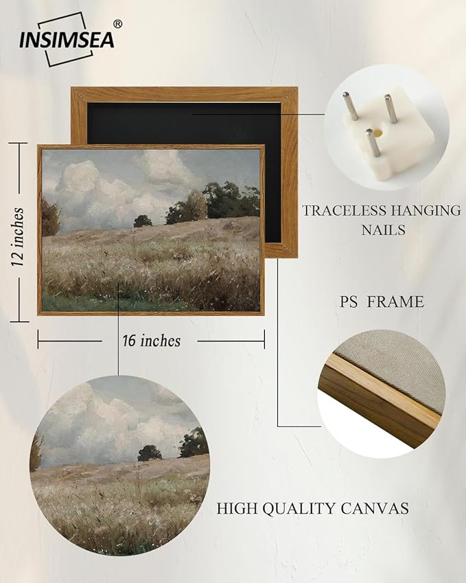 InSimSea Framed Canvas Wall Art Vintage Decor, Landscape Paintings Wall Decorations for Living Room, Retro Wall Art for Bedroom Office Decor, Grassland Classical Painting Prints Room Decor, 12"x16"