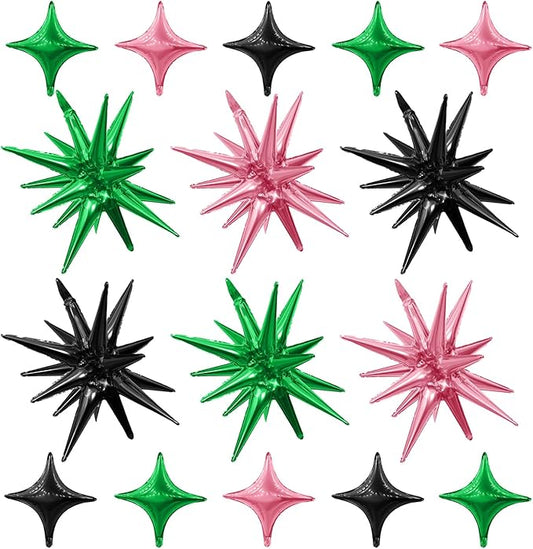 Black Green Pink Star Balloon,Pink Green 6Pcs 22Inch Explosion Star Balloons and 10Pcs 10Inch Four Angle Balloons Kit for Birthday Halloween Anniversary Baby Shower Wedding Party Decorations