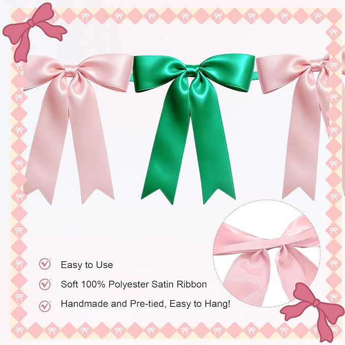 1 String of 8PCS Pink&Green Bow Garland Banner Wicked Party Decoration,Pre-Strung Satin Ribbon Ornaments for Birthday,Bachelorette Party,Wedding,Engagement,Baby Shower,Graduation Decor,Anniversary