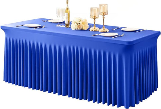 1 Pack Royal Blue Table Clothes for 4 Foot Rectangle Tables, One-Piece Wrinkle Resistant Stretch Spandex Table Covers with Skirt for Event Banquet Wedding Birthday Party