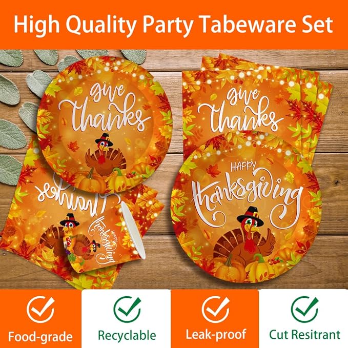 140Pcs, Thanksgiving Day Party Supplies Plates and Napkins Happy Thanksgiving Decorations Tableware Set Fall Birthday Decorations Give Thanks Turkey Paper Plates, Serve for 20