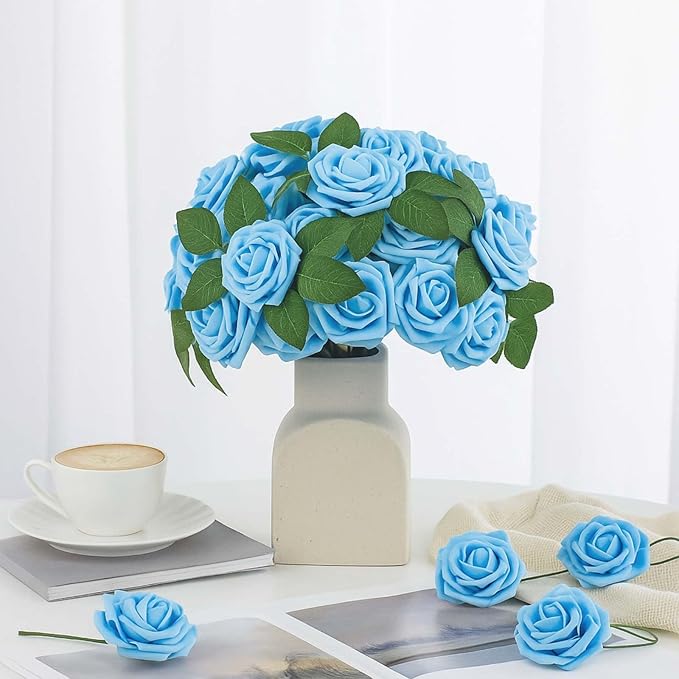 100 Pcs Artificial Foam Rose Faux Bouquet with Leaves and Stems for DIY Wedding Bouquets Centerpieces Bridal Shower Party Valentine Home Decorations (Light Blue)