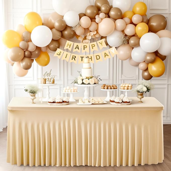 1 Pack Dark Champagne Table Clothes for 6 Foot Rectangle Tables, One-Piece Wrinkle Resistant Stretch Spandex Table Covers with Skirt for Event Banquet Wedding Birthday Party