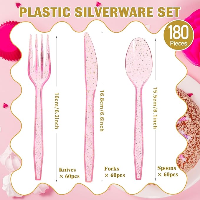 Plastic Silverware Heavy Duty Plastic Cutlery Set Heavyweight Disposable Flatware Includes Spoons Forks Knifes for Birthday Party Prom Night Wedding Dinner (180, Clear Pink)