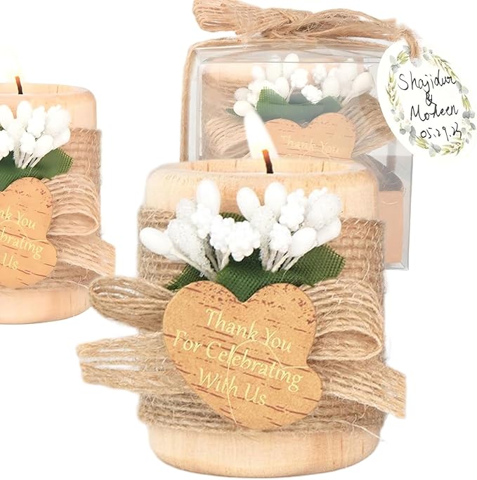 12PCS Wooden Tealight Candle Holders, Wedding Thank You Favors for Guests, Baptism/Bridal Shower Centerpieces for Tables, Wood Cylinder Candle Set for Baby Shower Decorations(Double Heart Tag)