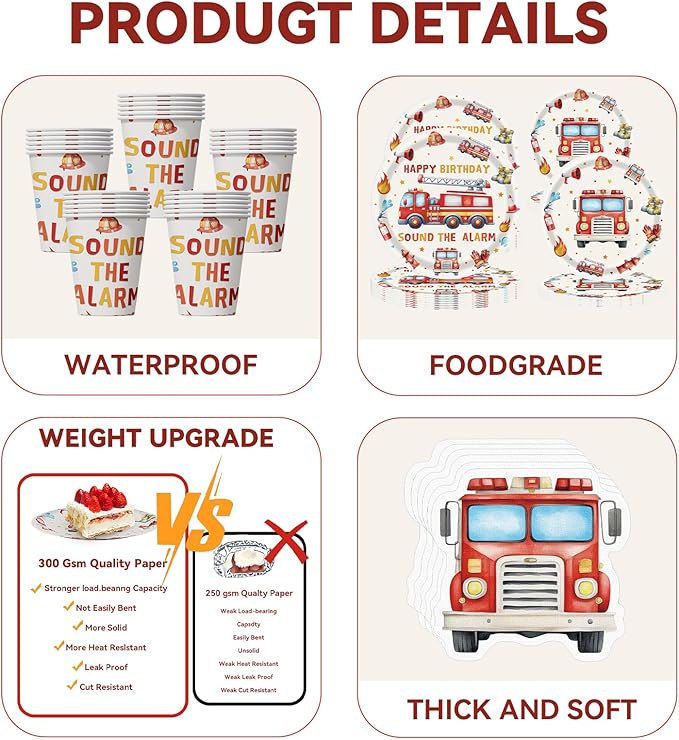 98PCS Fire Truck Birthday Decorations Set - Firefighter Party Supplies with Tablecloth, Banner, Napkins, P Cups for Firefighter Themed Birthday Party Decorations，Service For 24 Guests.