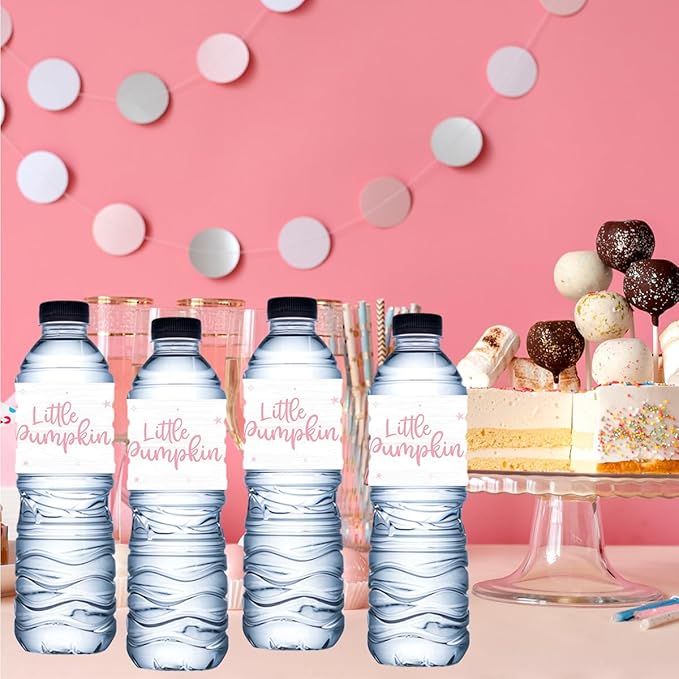 100Pcs Pink Little Pumpkin Girl Baby Shower Water Bottle Labels Waterproof Wrappers for Fall Baby Shower Decorations and Party Drink Stations