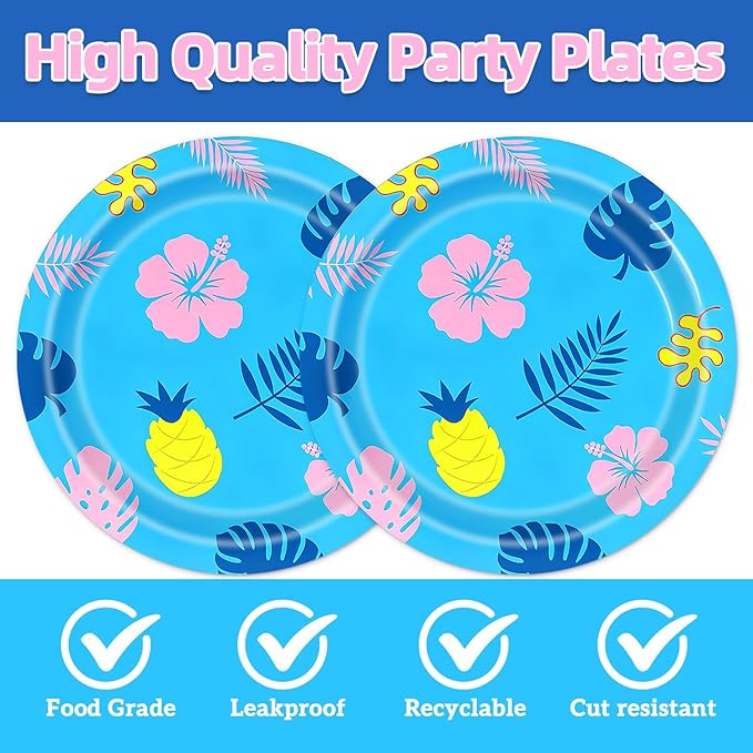 40Pcs Hawaiian Birthday Party Decorations Plates and Napkins Blue Cartoon Hawaiian Themed Party or Baby Shower Supplies Set for 20 Guests