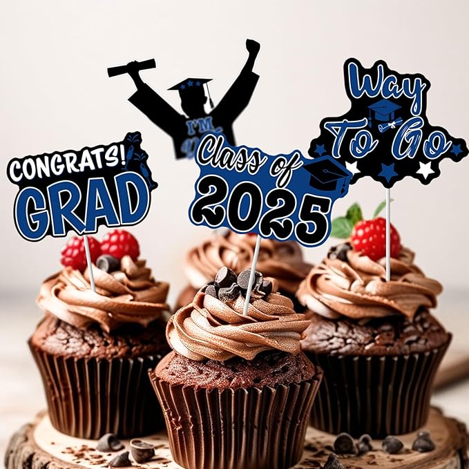 PartyGarden 2025 Graduation Cupcake Toppers - 48 Blue Pcs - 8 Designs - Class of 2025 Graduation Decorations