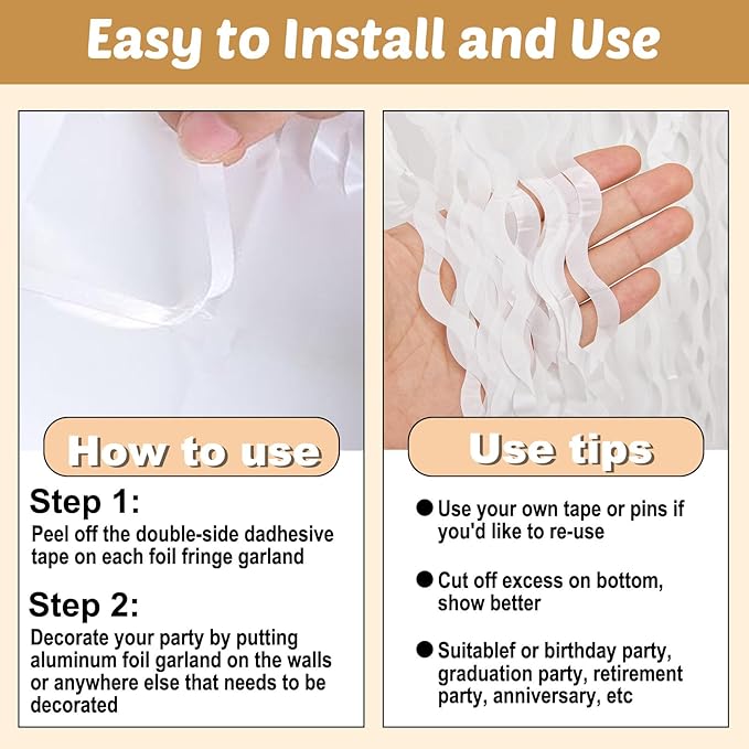 6 Pack 10 Feet White Wave Foil Fringe Garland Metallic Tinsel Streamers Banner Wall Hanging Curtain Backdrop for Parade Floats, Mother's Day, Easter, Wedding, Birthday Party Decoration