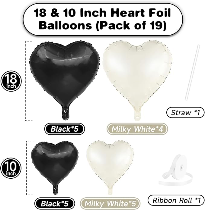 Black White Heart Balloons, 19PCS Black and Cream White Heart Shape Balloon, 18Inch with 10Inch White Sand Black Helium Foil Balloon for Birthday Baby Shower Bridal Wedding Party Decorations