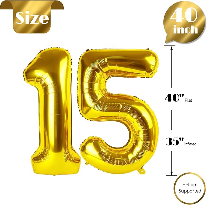 Gold Number 15 Balloon 40 Inch, 15th Birthday Party Decorations for Children, Giant 15 Foil Balloon for Party Supplies