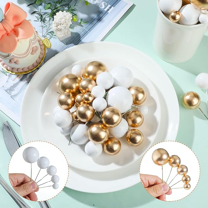 108 Pcs Balls Cake Topper DIY Cupcake Insert Foam Balloons for Cake Baking Wedding Anniversary Birthday Decoration(White, Gold,Multi Sizes)