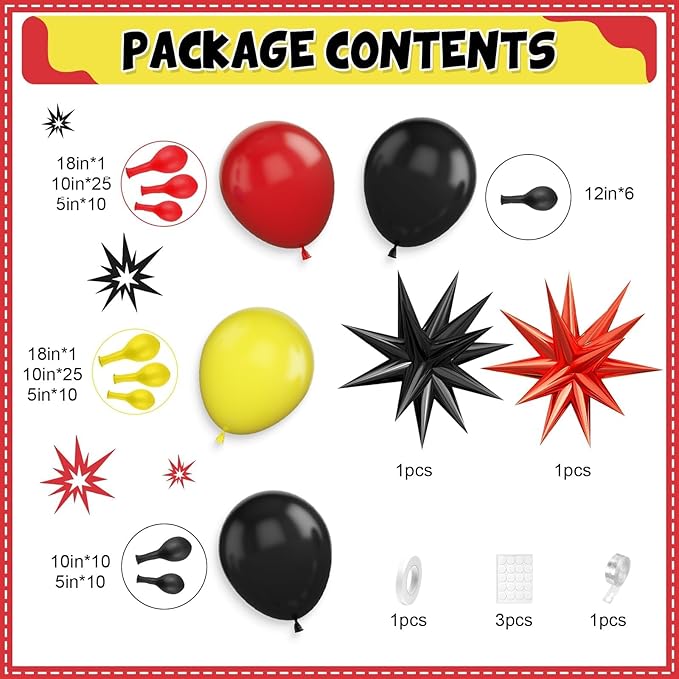 Red Black Yellow Balloon Arch Kit with Star Foil Balloons, Black and Red Yellow Balloon Arch, for Boy Girls Theme Birthday Baby Shower Party Decorations