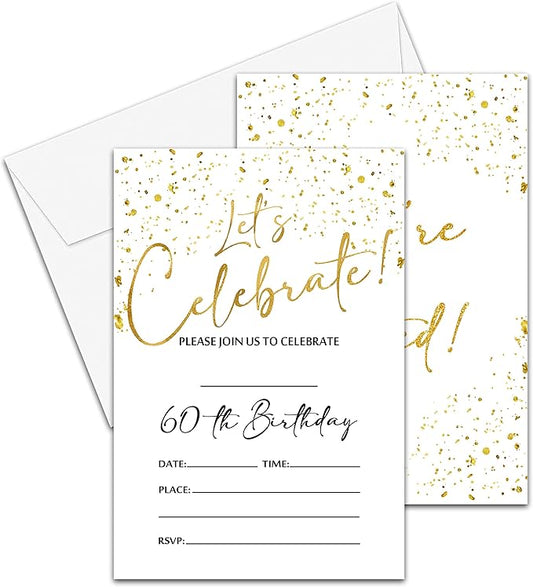 60th Birthday Invitations Cards, 4"x 6" White and Gold Confetti Birthday Party Invites with Envelopes for Party Decorations Supplies(20 Pieces) -D15