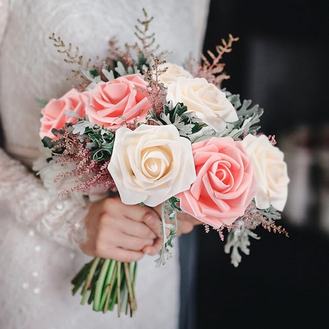 100 Pieces Artificial Foam Rose Flowers Faux Bouquet with Leaves and Stems for DIY Wedding Bouquets Centerpieces Bridal Shower Party Valentine Home Decorations(Pink, Champagne)