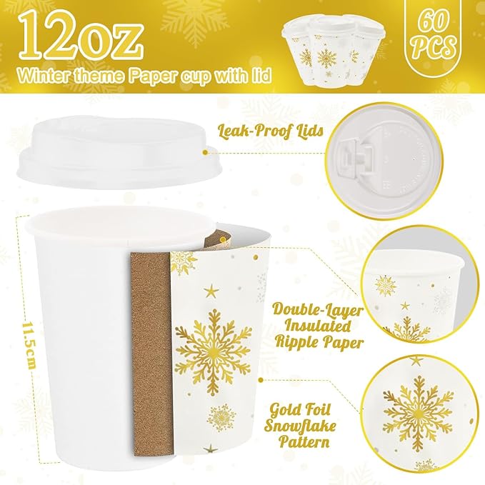 60 Pcs Christmas Coffee Cups with Lids 12oz Gold Foil Snowflake Paper Cups Insulated Cups for Xmas Hot Cocoa Beverage Winter Party Supplies Hot Chocolate Coffee Water Tea Xmas Holiday Supplie