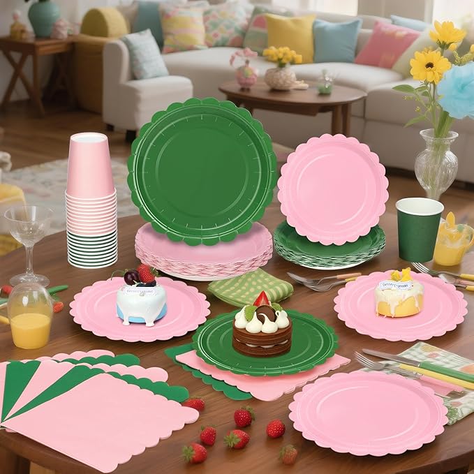 260 Pcs Green And Pink Party Supplies - For 52 Guests Paper Plates And Napkins/Cups - Disposable Small Scalloped Dinner Party Set Cutlery - For Bbq Baby Shower Bridal Shower Wedding