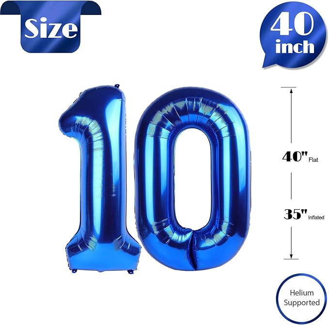 10 Balloon Number, Metallic Blue Number 10th Birthday Balloons 40 Inch, 10 Years Old Metallic Blue Birthday Decorations for Boys Girls, 10th Anniversary Decorations