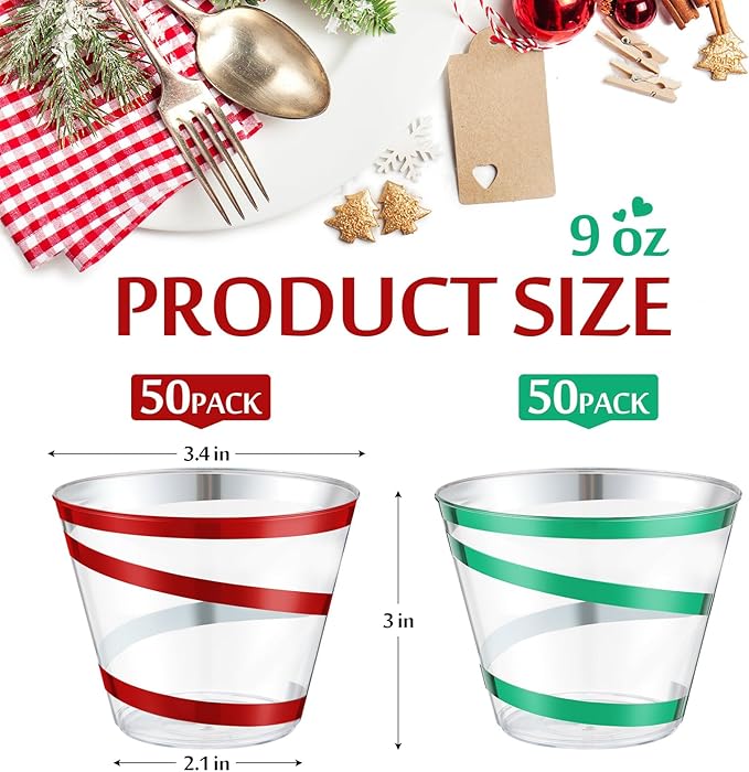 Gejoy 9 oz Rimmed Swirl Plastic Cups Disposable Wine Drinking Cups Clear Elegant Halloween Tumblers for Christmas Party Supplies(Red, Green,100 Pcs)