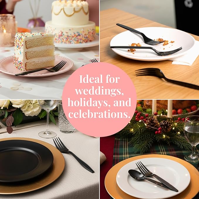 Prestee 100 Pack Black Plastic Silverware Forks - Heavy Duty Forks Disposable for Parties, Weddings, and Holidays - Elegant Heavyweight Cutlery and Flatware Set for Events and Celebrations