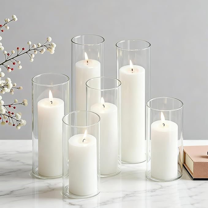 24 Pcs Glass Hurricane Candle Holders Set - White Pillar Candles with Clear Glass Cylinder Vases (12 Candles + 12 Vases) for Wedding, Dating, Party, Table Centerpiece Decor
