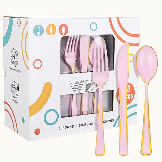 WDF 180 Pieces Pink Plastic Silverware with Gold -Pink Plastic Utensils Set - 60 Guest Pink Cutlery Disposable for Birthday/Party/Wedding