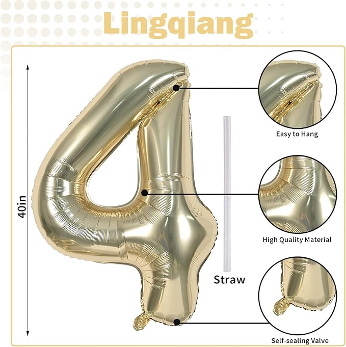 Champagne Gold Foil Balloon Number 4, 40'' Giant Self Inflating Number Balloons Set 0-9, Large Light Gold Number 4 Helium Balloon for Girls Boys 4th Birthday Anniversary Party Decorations Supplies
