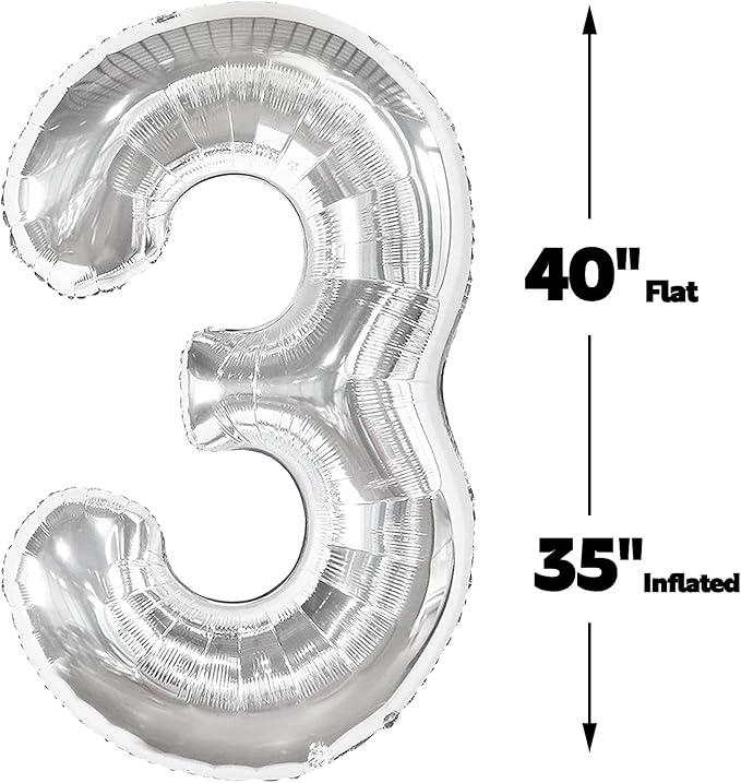 40 Inch Silver 3 Large Number Balloon, 3 13 23 30 33 36 38 Silver Birthday Party Decorations, Number Three Foil Balloons for Anniversary Party Graduations Celebration Supplies