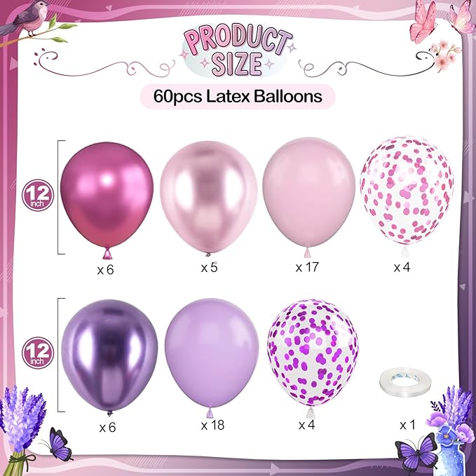 Pink and Purple Balloons, 60 Pcs 12 Inch Pastel Metallic Purple Pink Confetti Balloons with Magenta Balloon for Girls Women Birthday Baby Shower Bridal Shower Wedding Princess Party Decorations
