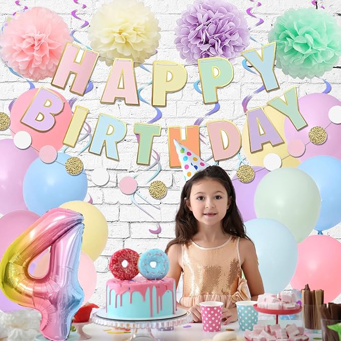 BRT Bearingshui 4th Birthday Decorations - 40 Inch Rainbow Gradient Number 4 Balloon, Happy Birthday Banner, Children's Party Supplies for Kids
