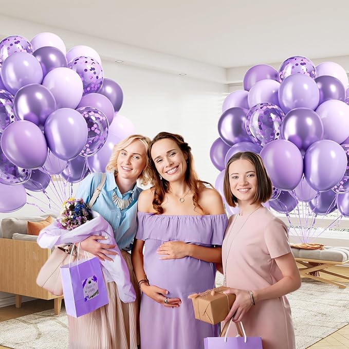 60pcs Lavender Balloons 12inch, Light Purple Balloons with Pastel Metallic Pearl Purple Confetti Balloons for Birthday Baby Shower Wedding Bridal Shower Party Decorations